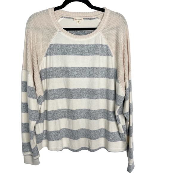 New Hem & Thread Large L Cream Gray Striped Raglan Long Sleeve Knit Top Crew - Picture 1 of 11